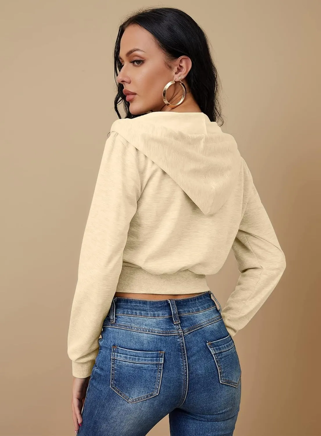 Women's Zip Up Hoodies Cropped Cardigan Jacket Drawstring Hooded Sweatshirts Casual Long Sleeve Top
