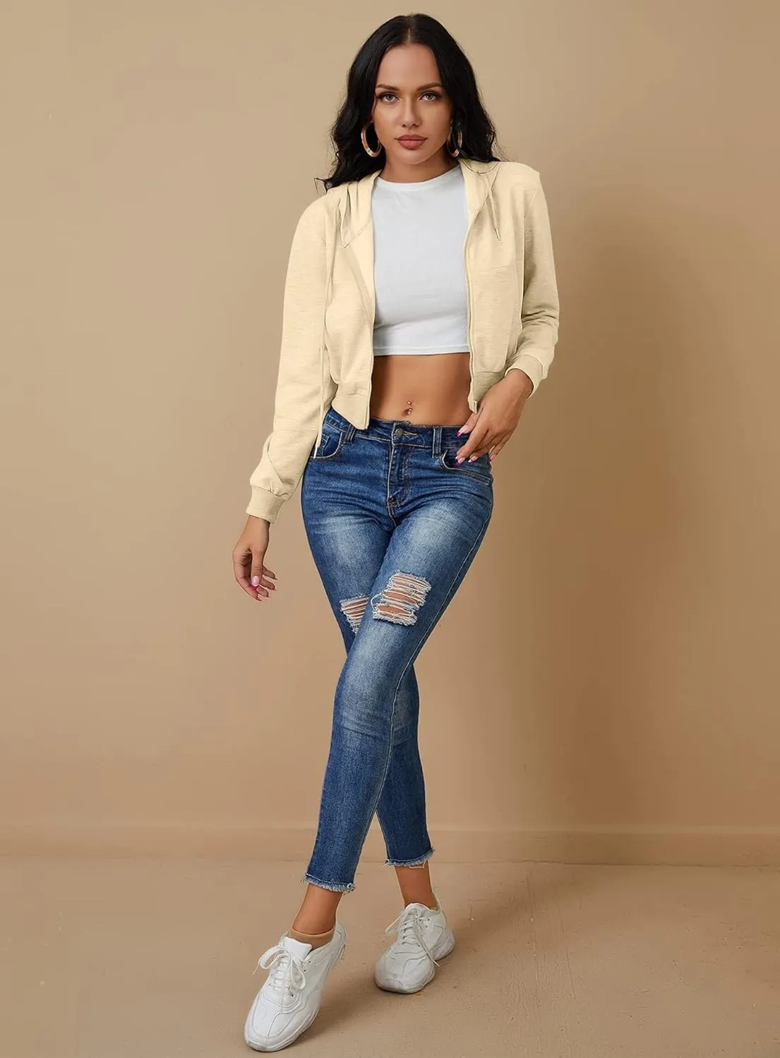 Women's Zip Up Hoodies Cropped Cardigan Jacket Drawstring Hooded Sweatshirts Casual Long Sleeve Top