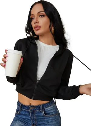 Women's Zip Up Hoodies Cropped Cardigan Jacket Drawstring Hooded Sweatshirts Casual Long Sleeve Top