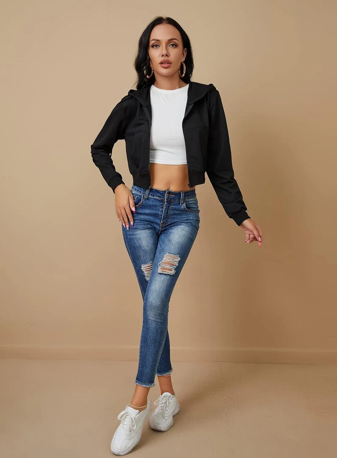 Women's Zip Up Hoodies Cropped Cardigan Jacket Drawstring Hooded Sweatshirts Casual Long Sleeve Top