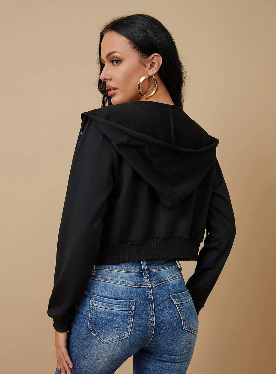 Women's Zip Up Hoodies Cropped Cardigan Jacket Drawstring Hooded Sweatshirts Casual Long Sleeve Top
