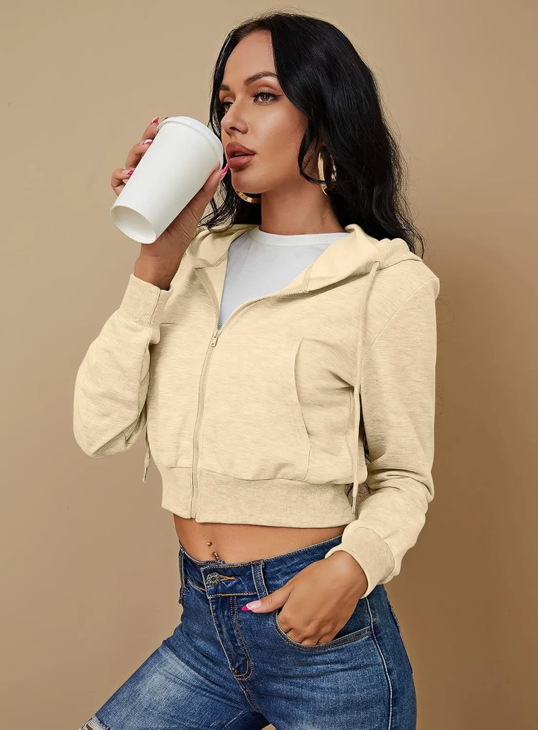 Women's Zip Up Hoodies Cropped Cardigan Jacket Drawstring Hooded Sweatshirts Casual Long Sleeve Top