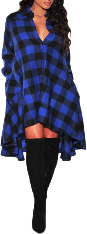 YMING Womens Plaid Checkered Dress Casual Asymmetrical Hem Shirt Midi Dress with Pockets