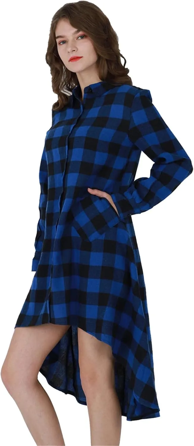 YMING Womens Plaid Checkered Dress Casual Asymmetrical Hem Shirt Midi Dress with Pockets