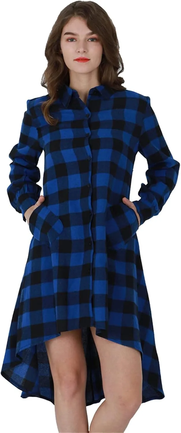 YMING Womens Plaid Checkered Dress Casual Asymmetrical Hem Shirt Midi Dress with Pockets
