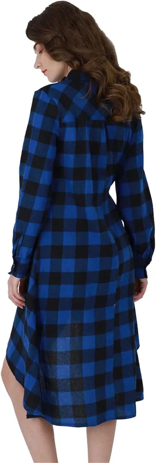 YMING Womens Plaid Checkered Dress Casual Asymmetrical Hem Shirt Midi Dress with Pockets