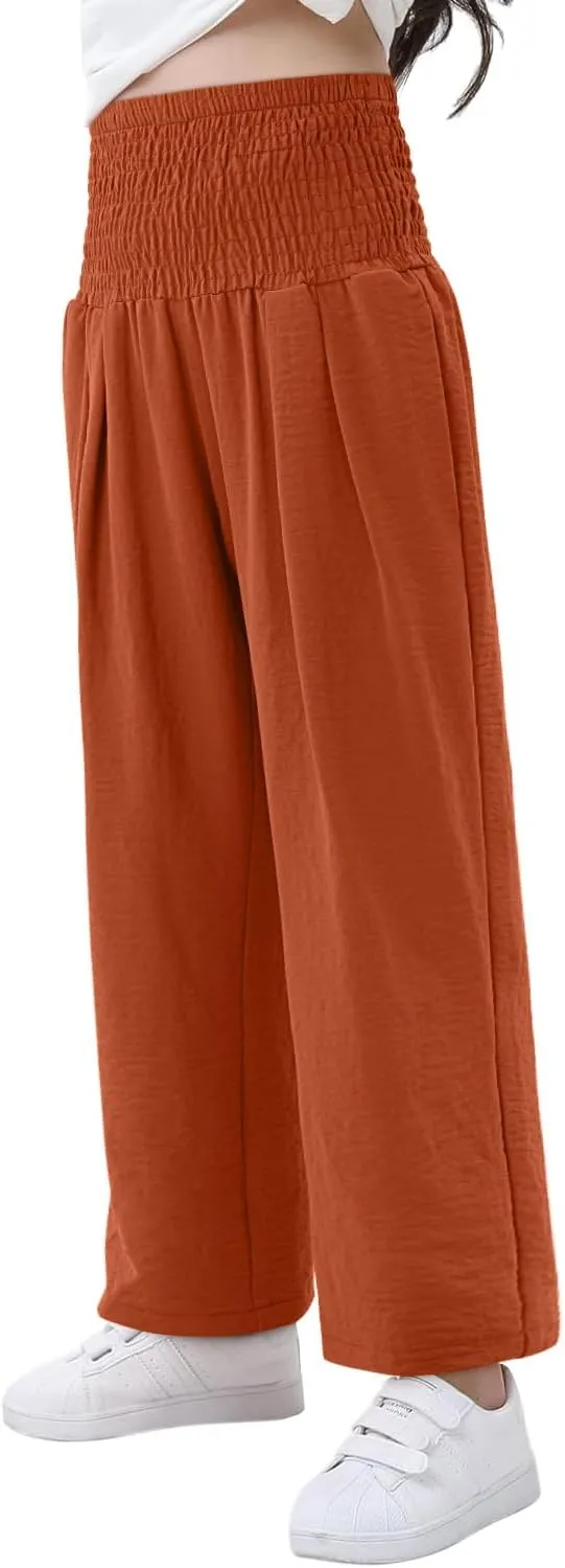Yoklass Girls Pants Casual Smocked High Waist Pant Loose Wide Leg Long Trousers 4-14 Years