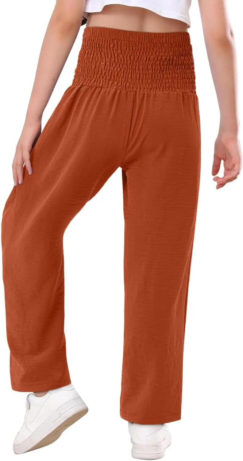 Yoklass Girls Pants Casual Smocked High Waist Pant Loose Wide Leg Long Trousers 4-14 Years