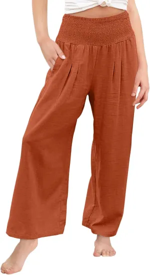 Yoklass Girls Pants Casual Smocked High Waist Pant Loose Wide Leg Long Trousers 4-14 Years