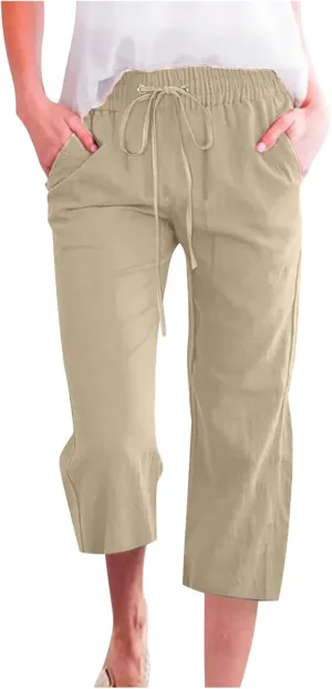 YRAETENM Capri Linen Pants for Women Summer Drawstring Elastic High Waist Lounge Pants Straight Wide Leg Cropped Trouser