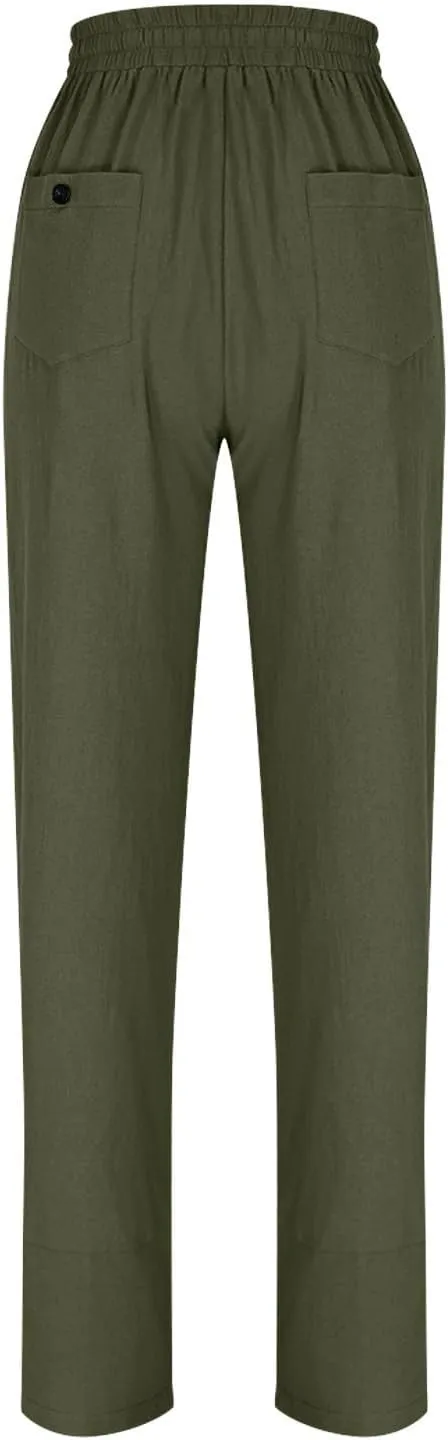 YRAETENM Cotton Linen Pants for Women Casual Elastic Waist Straight Leg Tapered Trousers Side Button Slacks with Pockets