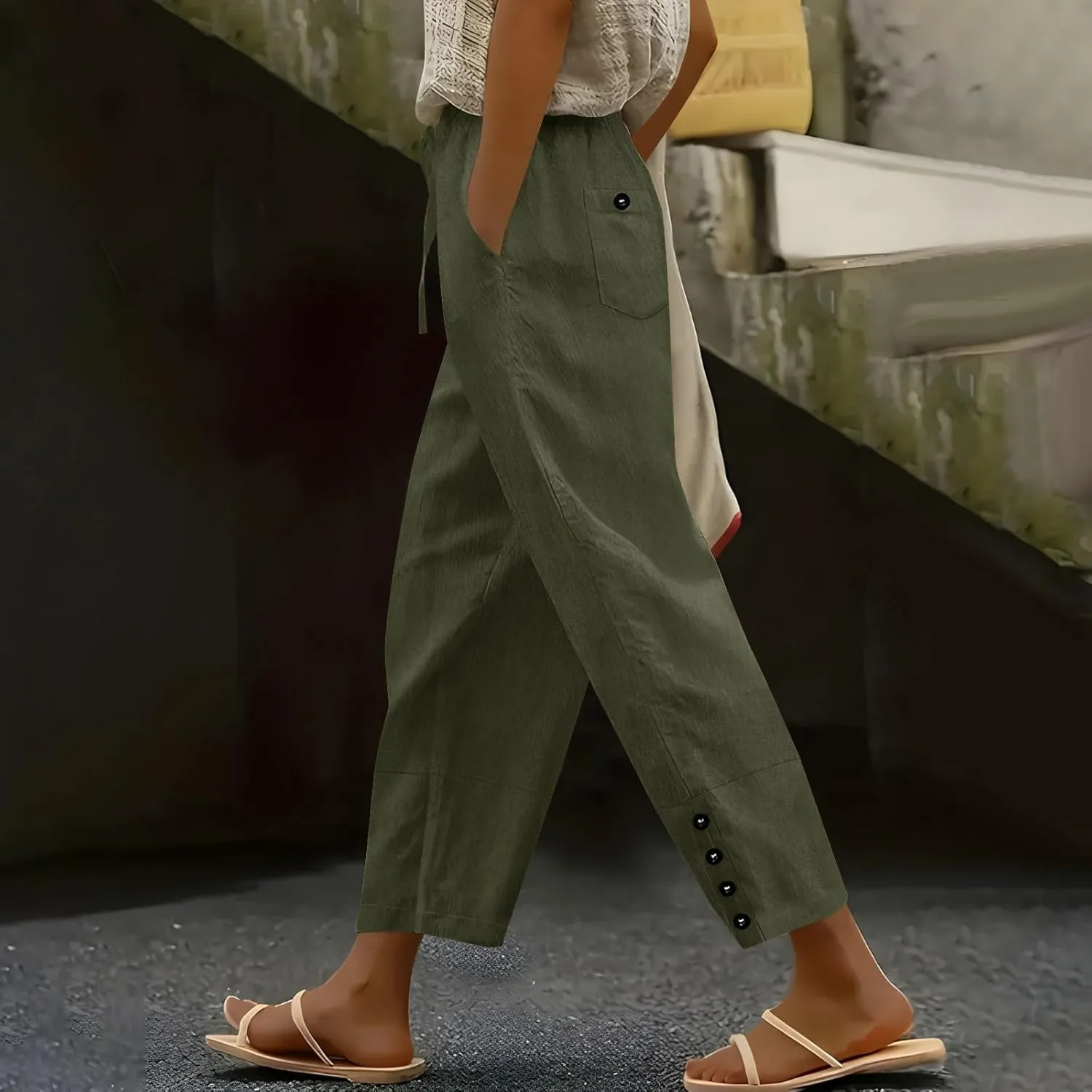 YRAETENM Cotton Linen Pants for Women Casual Elastic Waist Straight Leg Tapered Trousers Side Button Slacks with Pockets