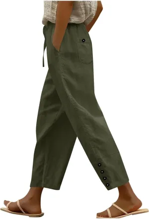YRAETENM Cotton Linen Pants for Women Casual Elastic Waist Straight Leg Tapered Trousers Side Button Slacks with Pockets