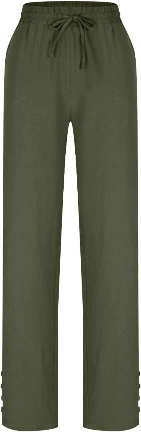 YRAETENM Cotton Linen Pants for Women Casual Elastic Waist Straight Leg Tapered Trousers Side Button Slacks with Pockets
