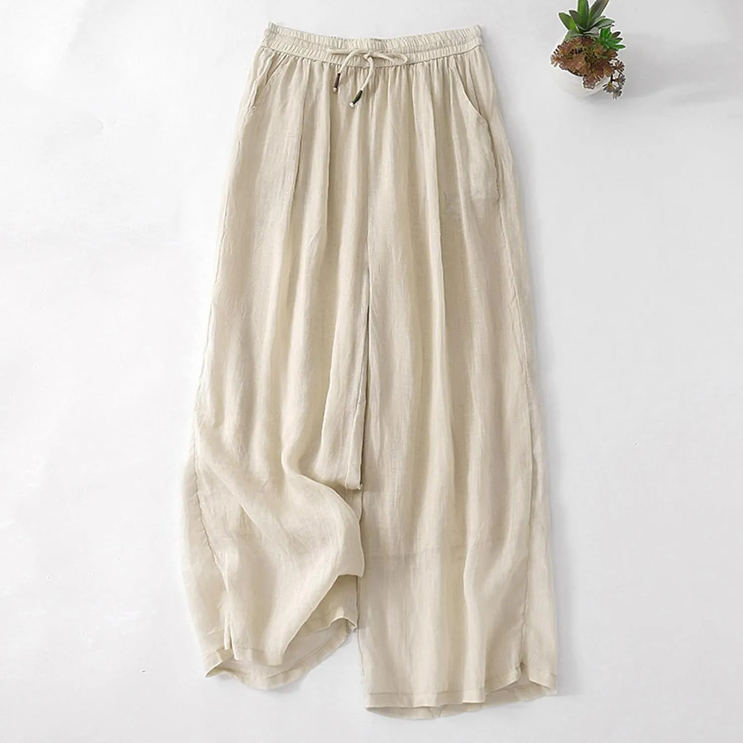 YRAETENM Wide Leg Pants for Women Baggy Elastic Waist Cotton Linen Pants Plus Size Palazzo Lounge Trousers with Pockets