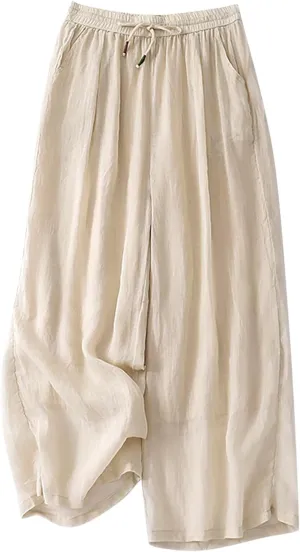 YRAETENM Wide Leg Pants for Women Baggy Elastic Waist Cotton Linen Pants Plus Size Palazzo Lounge Trousers with Pockets