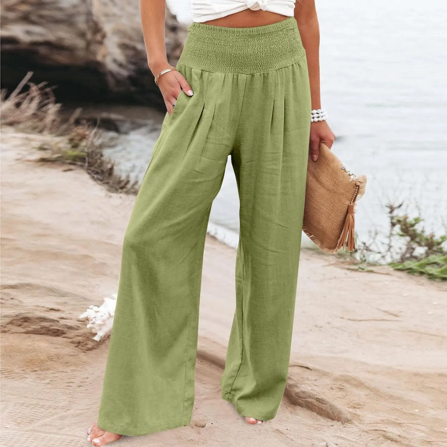 ZDRZK Women Linen Palazzo Pants Summer 2023 Boho Wide Leg High Waist Casual Flowy Lounge Pant Trousers with Pocket