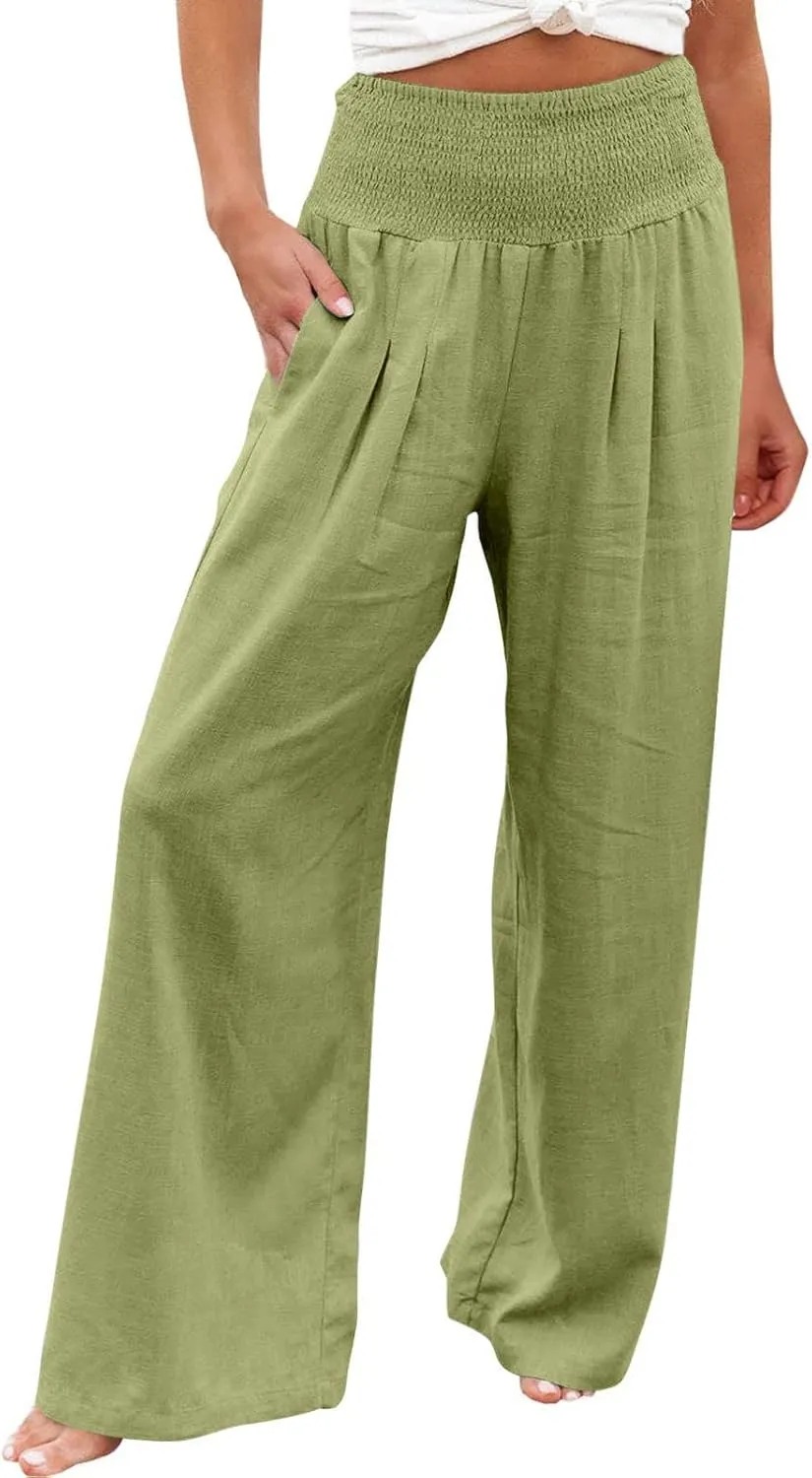ZDRZK Women Linen Palazzo Pants Summer 2023 Boho Wide Leg High Waist Casual Flowy Lounge Pant Trousers with Pocket