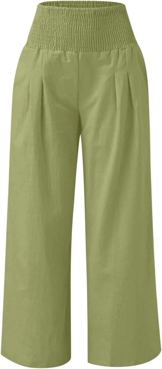 ZDRZK Women Linen Palazzo Pants Summer 2023 Boho Wide Leg High Waist Casual Flowy Lounge Pant Trousers with Pocket