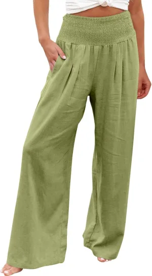 ZDRZK Women Linen Palazzo Pants Summer 2023 Boho Wide Leg High Waist Casual Flowy Lounge Pant Trousers with Pocket