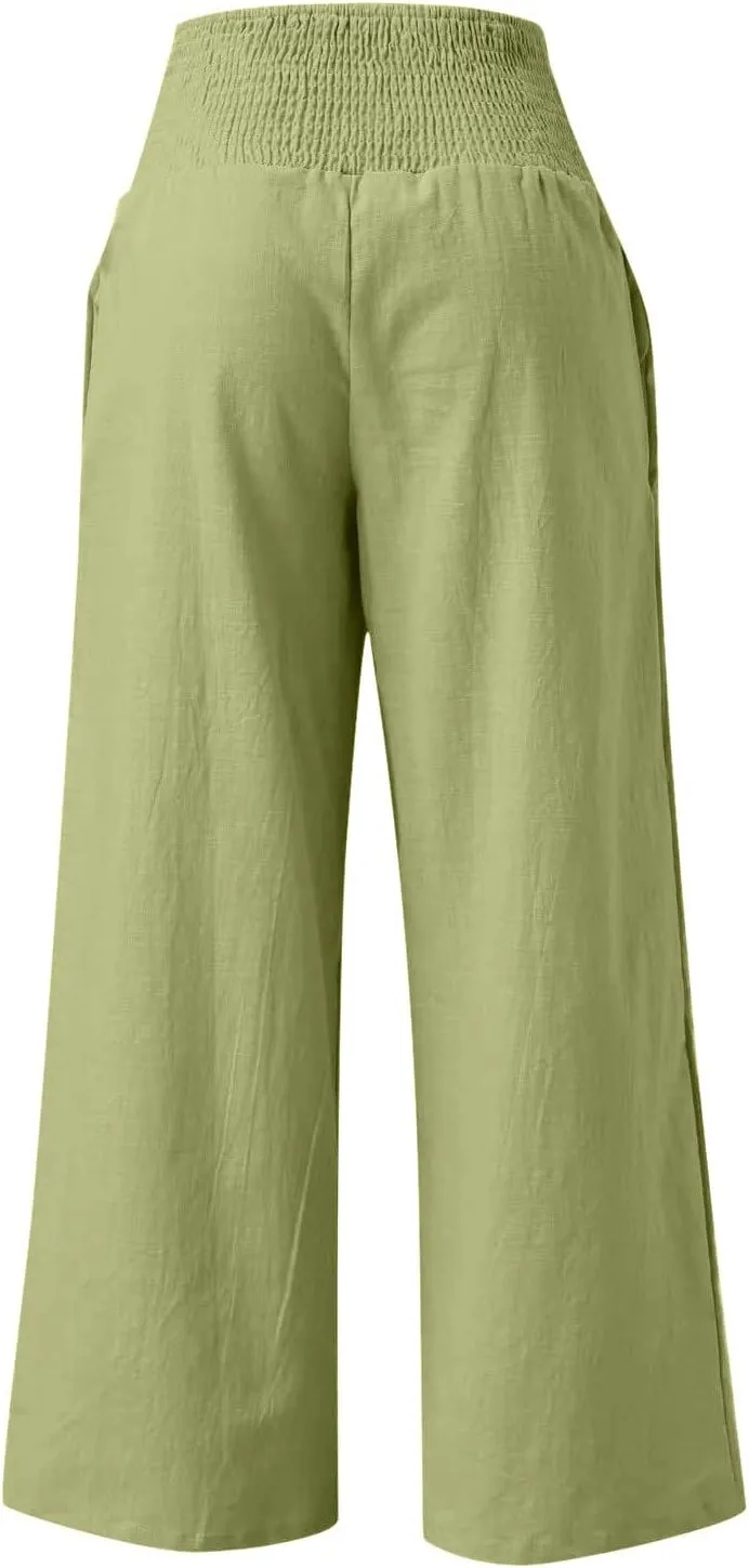 ZDRZK Women Linen Palazzo Pants Summer 2023 Boho Wide Leg High Waist Casual Flowy Lounge Pant Trousers with Pocket